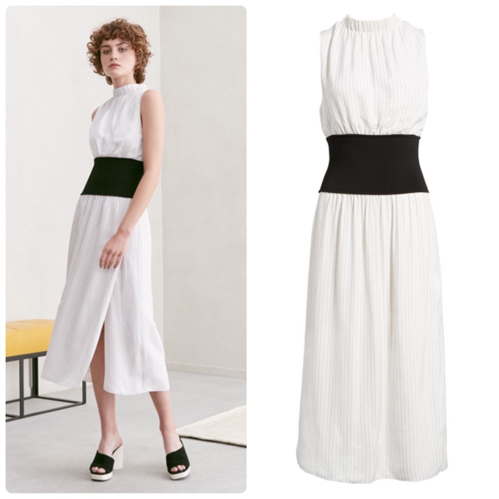 Lewit NWT Knit Inset Pinstripe Sleeveless Cinch Waist Mock Neck Midi Dress